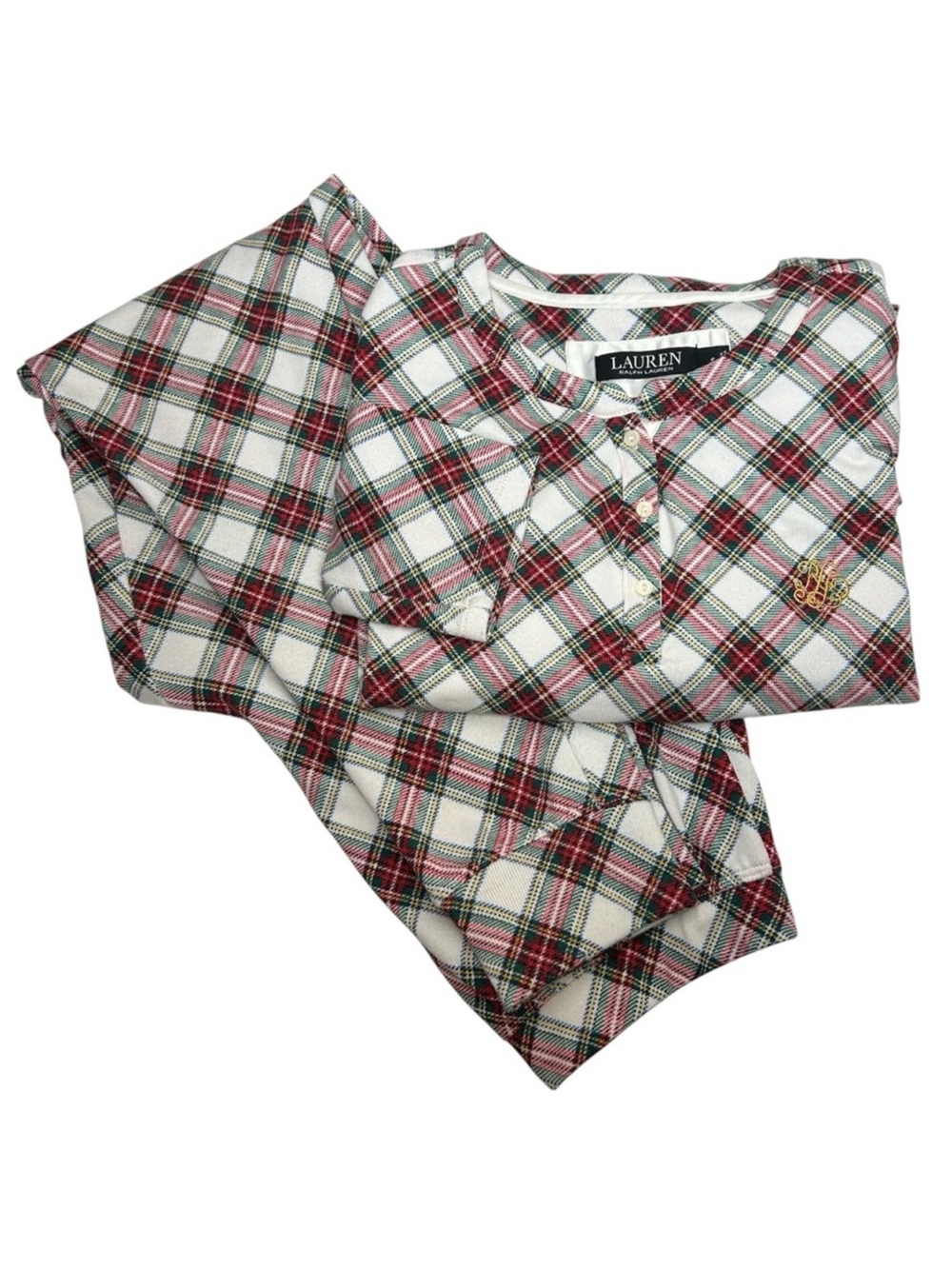 Lauren Ralph Lauren Stretchy Poly White Red Green Plaid Holidays Pajama Set‎ S